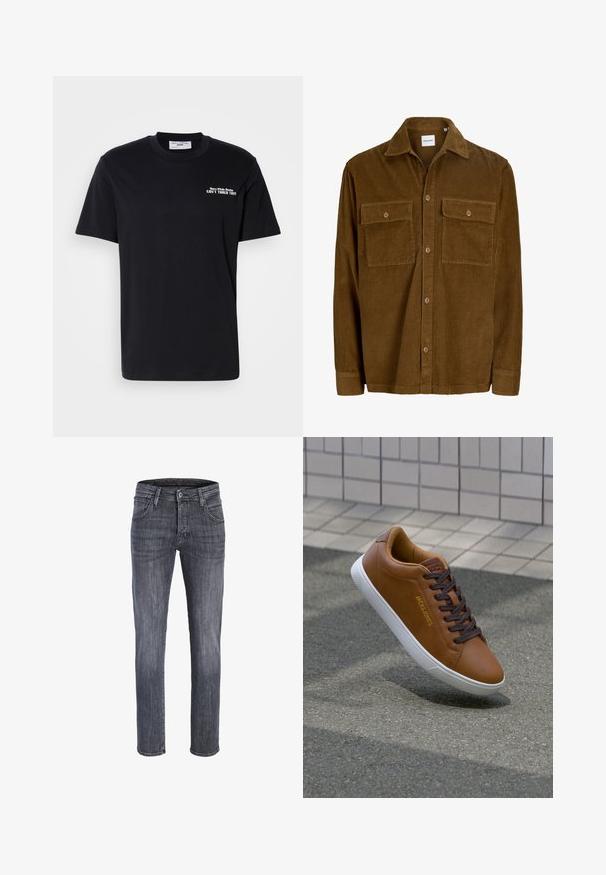 Chemise en velours côtelé marron à manches longues avec fermeture à boutons, col pointu et deux poches poitrine à boutons.; T-shirt en coton noir avec un col rond, des manches courtes et le texte imprimé en blanc "CAN'T TOUCH THIS" sur la poitrine. Design simple.; Jean homme coupe droite en denim gris foncé avec bouton et fermeture éclair devant, passants de ceinture et poches avant.; Basket en cuir marron avec semelle en caoutchouc blanche, lacets marron foncé et logo embossé. Présente une texture lisse et des détails de couture subtils.