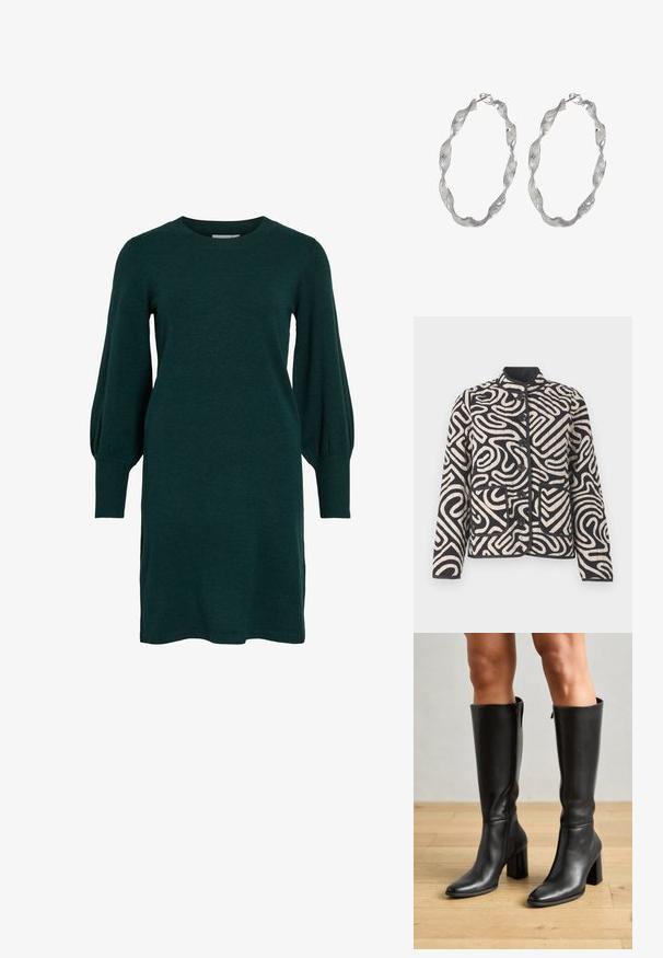 Chaqueta acolchada en crema y negro con patrones abstractos en espiral, cuello mao, bolsillos delanteros y cierre de botones.; Vestido de punto verde con escote redondeado, mangas largas abullonadas y puños acanalados. La tela parece suave con una textura lisa.; Botas de cuero negras hasta la rodilla con punta cuadrada, tacón alto y ancho, y detalle de cremallera lateral, colocadas sobre un fondo de suelo de madera.; Pendientes de aro de plata con un diseño retorcido, que presentan una superficie texturizada y un cierre seguro. Ligeros y reflectantes con un acabado elegante.
