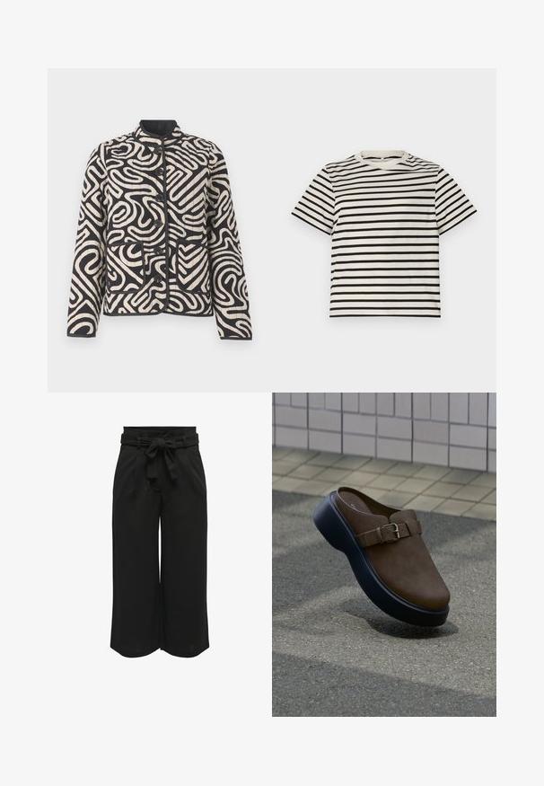 Veste matelassée en crème et noir avec des motifs abstraits en tourbillon, un col mandarin, des poches avant et une fermeture à boutons.; T-shirt à rayures avec un col rond, fabriqué en coton léger, présentant des rayures noires et crème uniformément espacées, des manches courtes et une coupe décontractée.; Pantalons larges noirs en tissu léger, dotés d'une ceinture à nouer à la taille et de détails plissés à l'avant pour un ajustement structuré.; Chaussure en daim marron à enfiler avec une semelle épaisse noire et une boucle sur le côté, flottant au-dessus d'un pavé texturé avec un mur carrelé en arrière-plan.