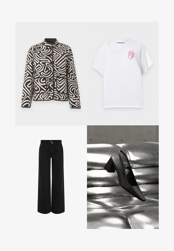 Chaqueta acolchada en crema y negro con patrones abstractos en espiral, cuello mao, bolsillos delanteros y cierre de botones.; Camiseta blanca de manga corta con un pequeño logo rosa de lengua y labios de los Rolling Stones en la parte superior izquierda del pecho.; Pantalones de mezclilla negros de pierna ancha con cintura alta, que cuentan con un cierre frontal con botón, dos bolsillos laterales y un diseño clásico de cinco bolsillos.; Tacón destalonado negro con punta en forma de pico, con superficie texturizada y tacón ancho y grueso. Colocado sobre un fondo metálico brillante.