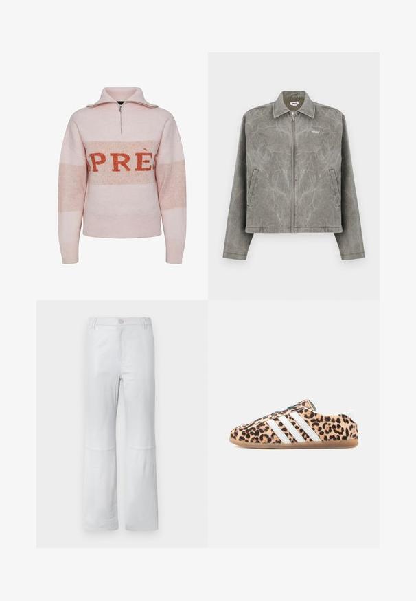 Chaqueta gris con cremallera frontal, mangas largas y cuello puntiagudo. Presenta una sutil textura veteada y un logo bordado en el pecho.; Pieces JORDAN - Jersey de punto - rose shadow; Pantalones blancos, ajustados y hechos de una tela suave; presentan un bolsillo frontal, costuras cosidas y un cierre de botón. Sin patrones ni adornos.; Zapatillas con estampado de leopardo, rayas de cuero blanco y detalles en negro. Suela de goma color marrón claro, textura suave y diseño de corte bajo para un calce fácil.