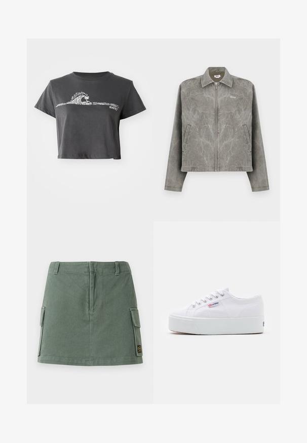 Veste grise avec une fermeture éclair à l'avant, manches longues et col pointu. Présente une texture marbrée subtile et un logo brodé sur la poitrine.; T-shirt noir chiné court avec un graphisme de vague stylisée, un palmier et le texte "ROXY" sur le devant.; Jupe en denim vert avec une taille ajustée, deux poches latérales et une patch sur le bas à droite. Texture lisse avec un léger brillant.; Baskets en toile blanches avec une épaisse semelle plateforme blanche, bout rond et œillets en métal pour les lacets. Logo de la marque affiché sur le côté.