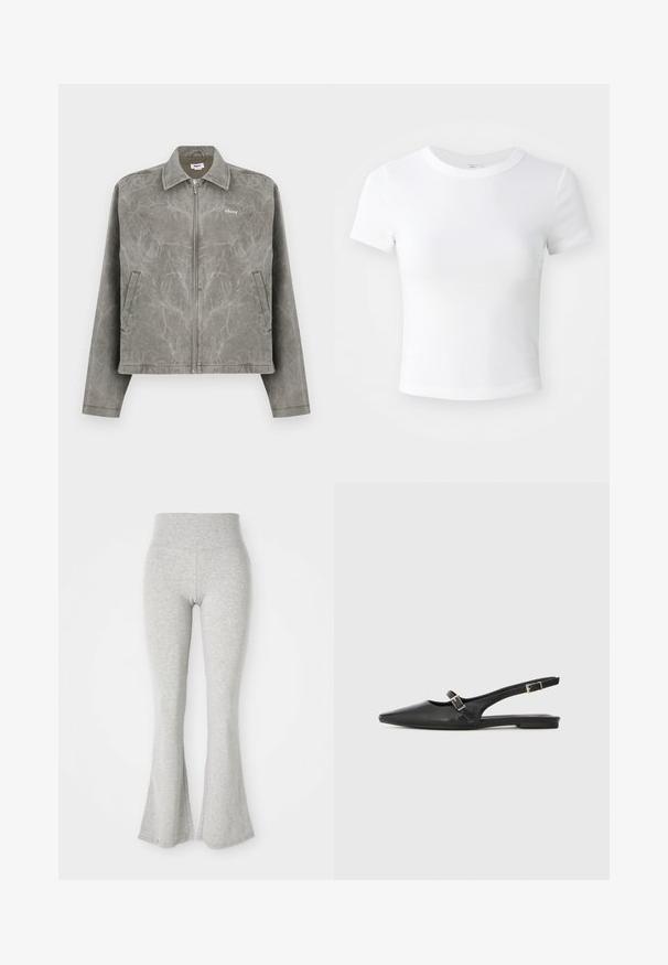 Grijze jack met een rits aan de voorkant, lange mouwen en een puntige kraag. Beschikt over een subtiele gemarmerde textuur en een geborduurd logo op de borst.; Effen witte cropped t-shirt met korte mouwen en ronde hals, weergegeven op een neutrale lichte achtergrond.; Grijze uitlopende leggings van zacht materiaal, voorzien van een elastische tailleband en een gladde textuur, die uitlopen naar een flared afwerking aan de onderkant.; Zwarte leren slingback schoenen met een spitse neus, voorzien van een smalle band en een zilveren gesp aan de zijkant. Platte zool.