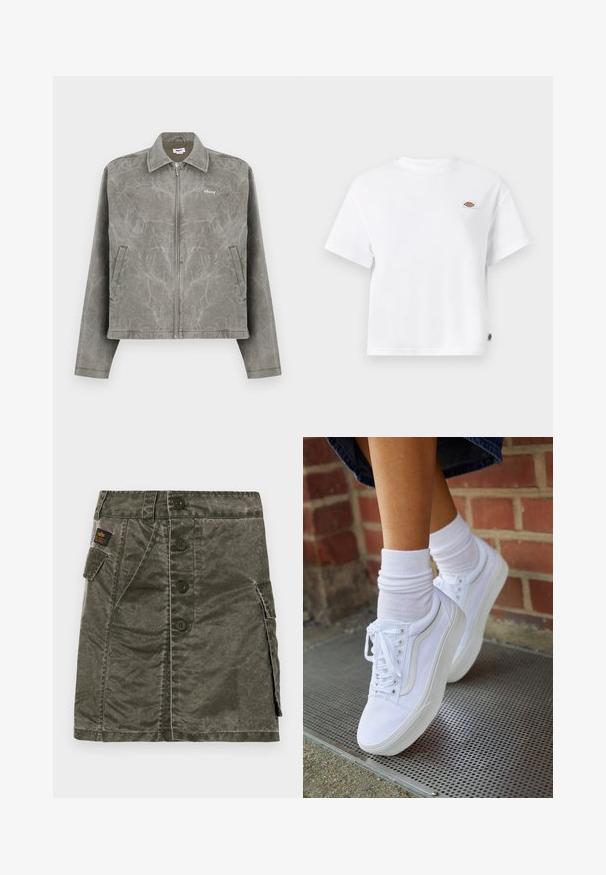 Grau Jacke mit einem Reißverschluss vorne, langen Ärmeln und einem spitzen Kragen. Sie weist eine subtile marmorierte Textur und ein gesticktes Logo auf der Brust auf.; Weißes Baumwoll-T-Shirt mit einem lockeren Schnitt, das ein kleines Logopatch auf der Brust und ein Etikett an der Seite für zusätzliche Details aufweist.; Olivgrüner Rock mit Knopfverschluss, gefertigt aus strukturierter Stoff, mit einer Seiten Tasche und gestickten Details. Reguläre Passform, knielanges Design.; Weiße Leinensneaker mit Gummisohlen, ausgestattet mit sechs Ösen, runder Zehenpartie und dezenten Nähten, kombiniert mit weißen Knöchelsocken.