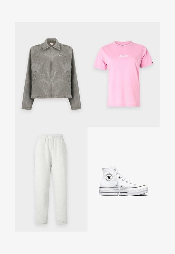 Chaqueta gris con cremallera frontal, mangas largas y cuello puntiagudo. Presenta una sutil textura veteada y un logo bordado en el pecho.; Camiseta de algodón rosa con cuello redondo, mangas cortas y un logo blanco estampado en la parte delantera. Textura suave, ajuste casual.; Pantalones de chándal gris claro con una cinturilla elástica, piernas cónicas y puños acanalados. Fabricados con un tejido suave y texturizado. Detalle del logo blanco en el lateral.; Zapatilla blanca de caña alta Converse Chuck Taylor All Star con parche de logo negro y cordones blancos, presentada sobre fondo blanco.