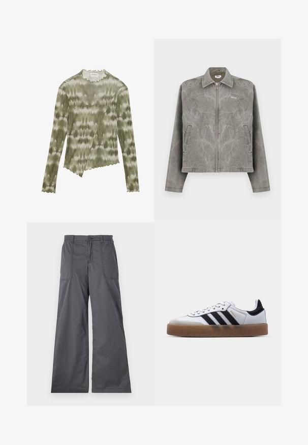 Grå jakke med lynlås foran, lange ærmer og spidse kraver. Har en subtil marmorering og et broderet logo på brystet.; Langærmet, grøn tie-dye top med en bølgemønsteret halsudskæring og kant. Har en diagonal søm med teksturerede detaljer i et blødt, let stof.; Grå vidde bukser med en glat tekstur, der har forlommer, knaplukning og syede detaljer langs sømmene.; Hvide lædersneakers med sorte striber, gummirubber sål, rund tå, snørelukning og blød grå ruskinds tåhætte.