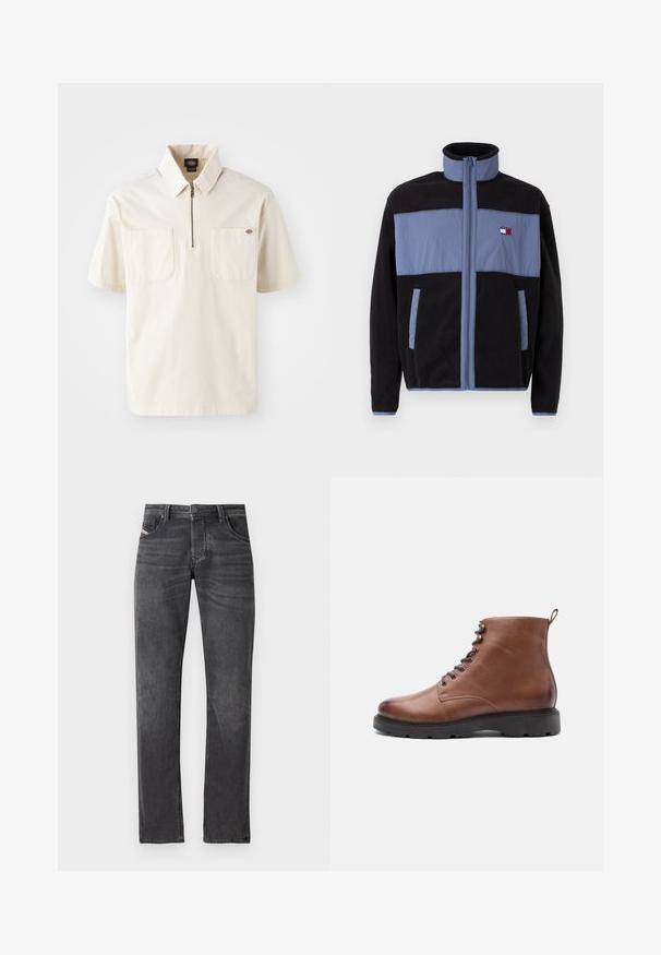 Veste en polaire avec col montant, présentant un corps noir et des sections supérieures bleu clair, fermeture éclair et deux poches latérales.; Polo shirt crème à manches courtes avec un col zippé, présentant deux poches poitrine et un petit logo sur la poche gauche. Matière en mélange de coton.; Jean en denim gris foncé avec coupe droite, cinq poches, fermeture à bouton en métal et un léger effilochage sur la surface du tissu.; Bottes brunes en cuir montant jusqu'à la cheville avec un bout rond, un laçage à l'avant et une semelle en caoutchouc noir. Équipées d'une boucle à l'arrière pour un enfilage plus facile.