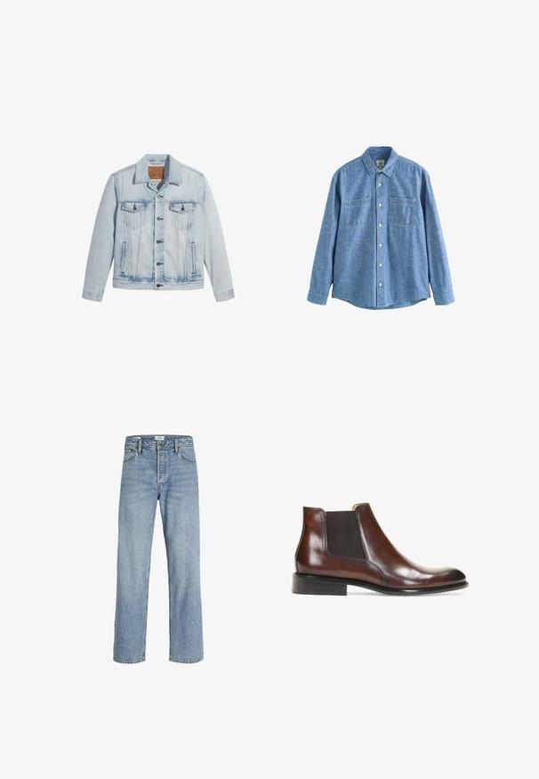 Lyseblå denimjakke med knaplukning, to brystlommer og klassisk krave. Slidte detaljer og en let figursyet pasform.; Langærmet blå chambray-skjorte med knaplukning foran og to brystlommer, lagt fladt på en hvid baggrund.; Lyseblå denimjeans med lige ben, høj talje, fem-lommers design og subtilt slid, med metalknaplukning.; Brun læder ankelstøvle med elastiske sidepaneler, en glat overflade, stikninger og en lav rektangulær hæl.