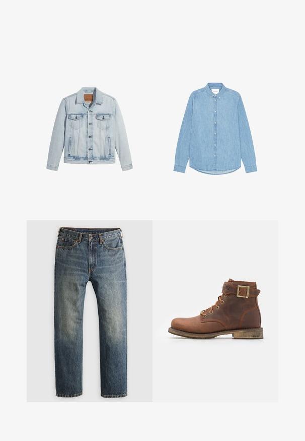 Lyseblå denimjakke med knaplukning, to brystlommer og klassisk krave. Slidte detaljer og en let figursyet pasform.; Lyseblå denimskjorte med knapper, lange ærmer, spidst krave og afrundet kant. Har knaplukning foran og lille logodetalje.; Blå, falmede lige ben denim jeans med forlommer, bæltestropper, knap og lynlås lukning på en lys baggrund.; Harley Davidson VNTGMOTO SHORT RIDING APPROVED - Cowboy- / bikerstøvlette - brown