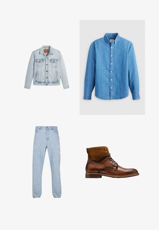 Lyseblå denimjakke med knaplukning, to brystlommer og klassisk krave. Slidte detaljer og en let figursyet pasform.; Lyseblå denimskjorte med lange ærmer, knap-ned krave og hvide knapper. Har et lille broderet logo på brystet.; Lysblå denim jeans med en afslappet pasform, der har stjerneformede udsparinger, malersplatter og et klassisk fem-lomme-design.; Kazar ALID - Snørestøvletter - brown