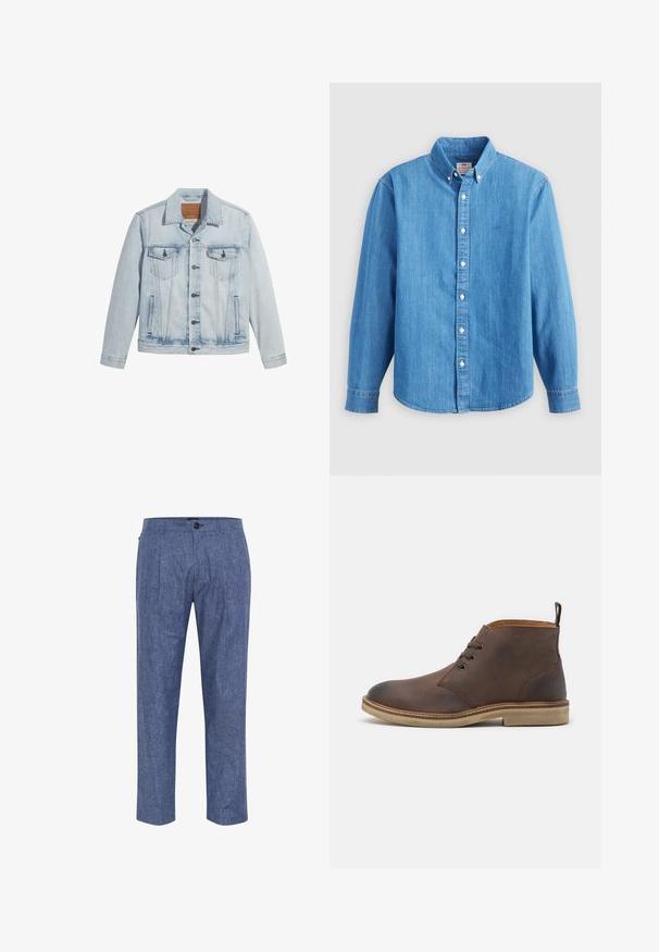 Lyseblå denimjakke med knaplukning, to brystlommer og klassisk krave. Slidte detaljer og en let figursyet pasform.; Lyseblå denimskjorte med lange ærmer, knap-ned krave og hvide knapper. Har et lille broderet logo på brystet.; Blå chambray bukser med en afslappet pasform, der har en frontfold, sidelommer og en enkelt knaplukning i taljen.; Brune læder ankelstøvle med en afrundet tå, snørebåndsdesign og en cremefarvet gummisål. Har en løkke på hælen.
