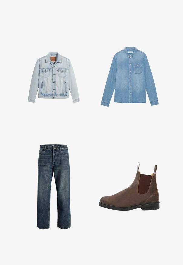 Veste en denim bleu clair avec un devant à boutons, deux poches poitrine et un col classique. Détails usés et forme légèrement ajustée.; Chemise en denim bleu clair à boutons, manches longues, col pointu, poche poitrine unique et décoloration subtile sur le tissu.; Jeans en denim bleu foncé avec une coupe ample, présentant un design à cinq poches, fermeture à bouton et à zip, et des détails de couture visibles.; Bottine en cuir marron à panneaux élastiques sur les côtés, bout rond et semelle en caoutchouc noir. Détails de texture et de couture subtils.