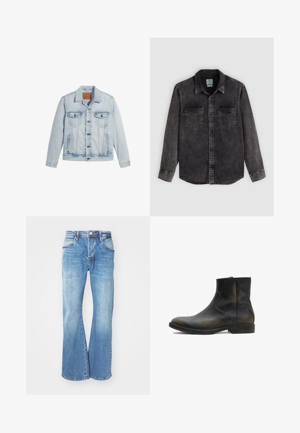 Lichtblauwe denimjasje met knopen aan de voorkant, twee borstzakken en een klassieke kraag. Verweerde details en een licht getailleerde pasvorm.; Zwarte denim blouse met een knoopsluiting aan de voorkant, twee borstzakken en een kraag. Heeft een vervaagde textuur en contrasterende stiksels.; Lichtblauwe spijkerbroek met een uitlopende pasvorm, voorzien van een klassieke vijf-pocketstijl, ritssluiting en contrasterende stiksels langs de naden.; AllSaints LANG - Lage laarzen - brown