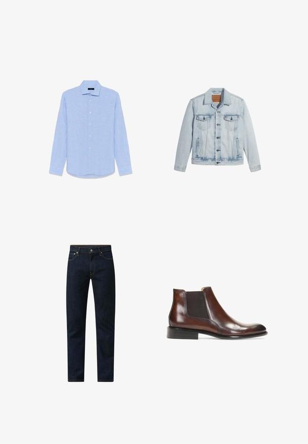 Lyseblå denimjakke med knaplukning, to brystlommer og klassisk krave. Slidte detaljer og en let figursyet pasform.; Lyseblå, langærmet skjorte med knapper, spids krave og hvide knapper, lagt fladt ud på en hvid baggrund.; Mørkeblå denimjeans med lige pasform. Har oransje syninger, fem-lommes design og knaplukning i taljen.; Brun læder ankelstøvle med elastiske sidepaneler, en glat overflade, stikninger og en lav rektangulær hæl.