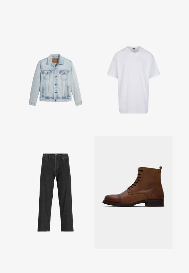 Lyseblå denimjakke med knaplukning, to brystlommer og klassisk krave. Slidte detaljer og en let figursyet pasform.; Hvid, kortærmet bomulds-T-shirt med rund hals og synligt størrelses- og mærkelabel inde i kraven.; Sorte denim jeans med lige ben-design, som har lynlås, bæltestropper og seks lommer, lavet af et robust bomuldsblandingsstof.; Jack & Jones JFWSHAUN BOOT - Snørestøvletter - cognac