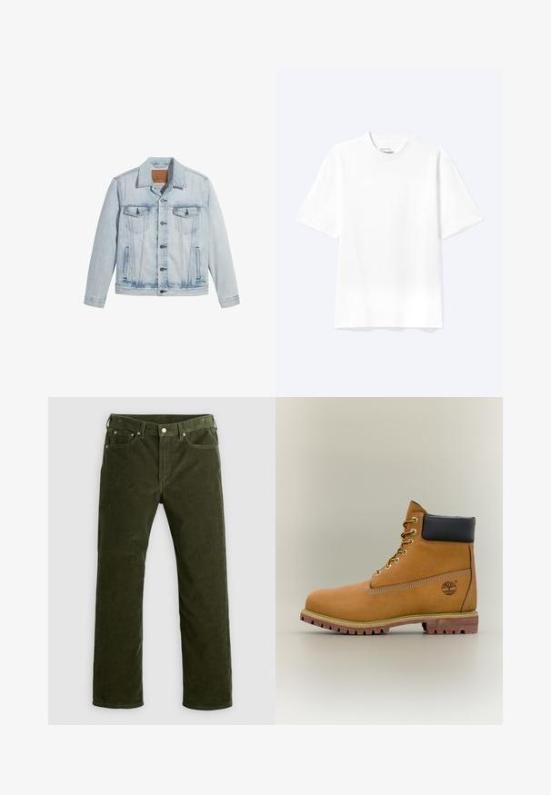 Lyseblå denimjakke med knaplukning, to brystlommer og klassisk krave. Slidte detaljer og en let figursyet pasform.; Enkel hvid T-shirt med korte ærmer og rund hals med afslappet pasform, vist på en lys baggrund.; Oliven grøn kordfløjspants med lige ben, med frontknap, lynlås, bæltesløjfer og fem-lomme design på hvid baggrund.; Brun læderankelstøvle med sort krave, gule snørebånd og tanfarvet sål. Har logo og hvide syninger som detalje. Robust ydersål med greb.