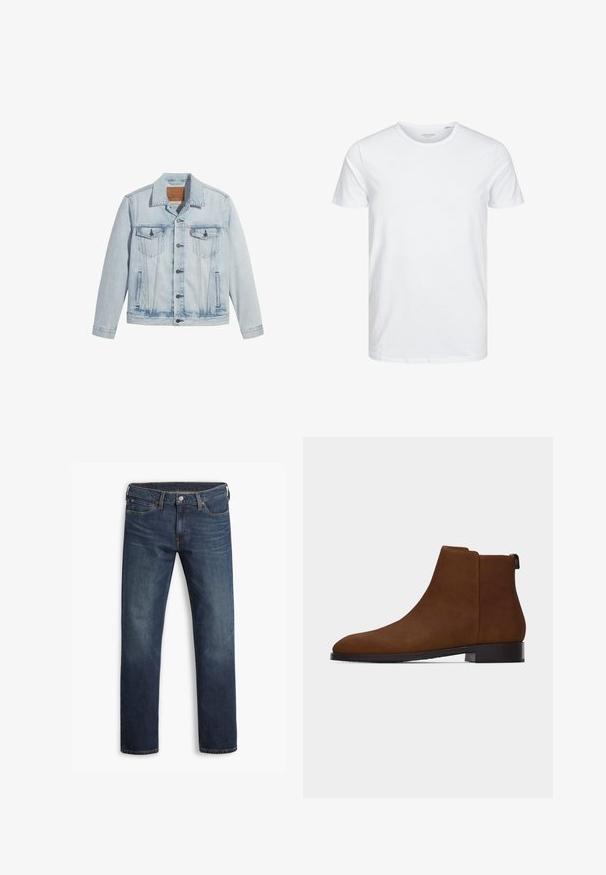 Lyseblå denimjakke med knaplukning, to brystlommer og klassisk krave. Slidte detaljer og en let figursyet pasform.; Rundhals kortærmet t-shirt i ensfarvet hvid, lavet af blød bomuld, har et simpelt design uden synlige mønstre eller detaljer.; Herre mørkeblå jeans med lige ben, fem lommer og knaplukning, vist fladt mod en hvid baggrund.; Brun ruskindsankelstøvle med lav hæl, rundet tå og trækketud bagpå, vist i sideprofil på hvid baggrund.