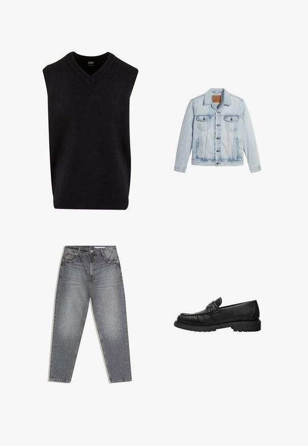 Helle Jeansjacke in Blau mit Knopfverschluss, zwei Brusttaschen und klassischem Kragen. Mit einem lässigen, leicht taillierten Schnitt und einem leicht getragenen Look.; Schwarzer ärmelloser Pullover mit V-Ausschnitt, aus weichem Material gefertigt, mit geripptem Ausschnitt und unterem Saum. Einfaches, klassisches Design.; Graue, hochtaillierte Jeans aus Denim mit verwaschenen Details, fünf Taschen sowie Knopf- und Reißverschluss.; Schwarzer Lederloafer mit gestepptem Oberteil, mit Nieten besetztem Riemendetail und dicker Profilsohle, seitlich auf weißem Hintergrund gezeigt.