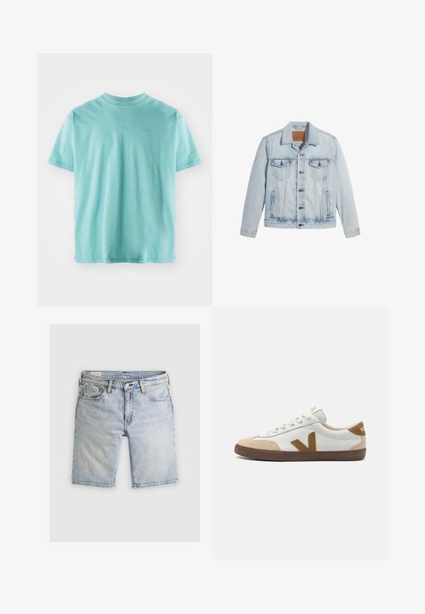 Lichtblauwe denimjasje met knopen aan de voorkant, twee borstzakken en een klassieke kraag. Verweerde details en een licht getailleerde pasvorm.; Turquoise katoenen T-shirt met korte mouwen, ronde hals en een klein wit "Levi's" logo op de borst. Zachte textuur en een ontspannen pasvorm.; Lichtblauwe denim shorts met een klassiek vijfzak ontwerp, zichtbare stiksels en een rechte snit op knielengte. Knopen- en ritssluiting.; Witte sneakers met tan suede accenten, voorzien van een gestructureerde bruine rubberen zool, vetersluiting en een logo op de hak.