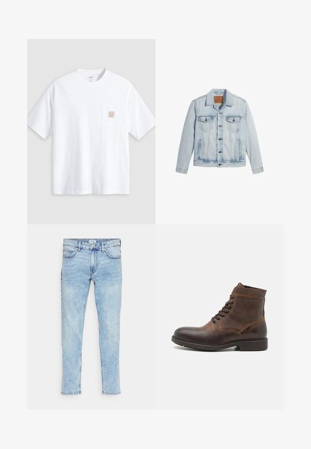 Helle Jeansjacke in Blau mit Knopfverschluss, zwei Brusttaschen und klassischem Kragen. Mit einem lässigen, leicht taillierten Schnitt und einem leicht getragenen Look.; Weißes T-Shirt mit kurzen Ärmeln und Rundhalsausschnitt sowie einer kleinen Brusttasche vorne mit einem beige-roten rechteckigen Label.; Hellblaue Slim-Fit-Jeans mit vorderem Knopf und Reißverschluss, Gürtelschlaufen und klassischem Fünf-Taschen-Design.; Jack & Jones JFWDELANEY BOOT - Schnürstiefelette - cognac