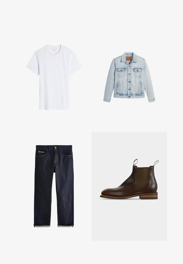 Lyseblå denimjakke med knaplukning, to brystlommer og klassisk krave. Slidte detaljer og en let figursyet pasform.; Hvid, kortærmet t-shirt med rund halsudskæring. Lavet af glat bomuldsstof, den har en afslappet pasform og minimale sømme.; Mørkeblå denimjeans med opsmøgede manchetter, knap- og lynlåslukning, for- og møntlommer samt kontrastsyning på hvid baggrund.; Mørkebrun læder Chelsea-støvle med elastisk sidepanel, trækstropper foran og bagpå, lav stablet hæl og rundet snude.