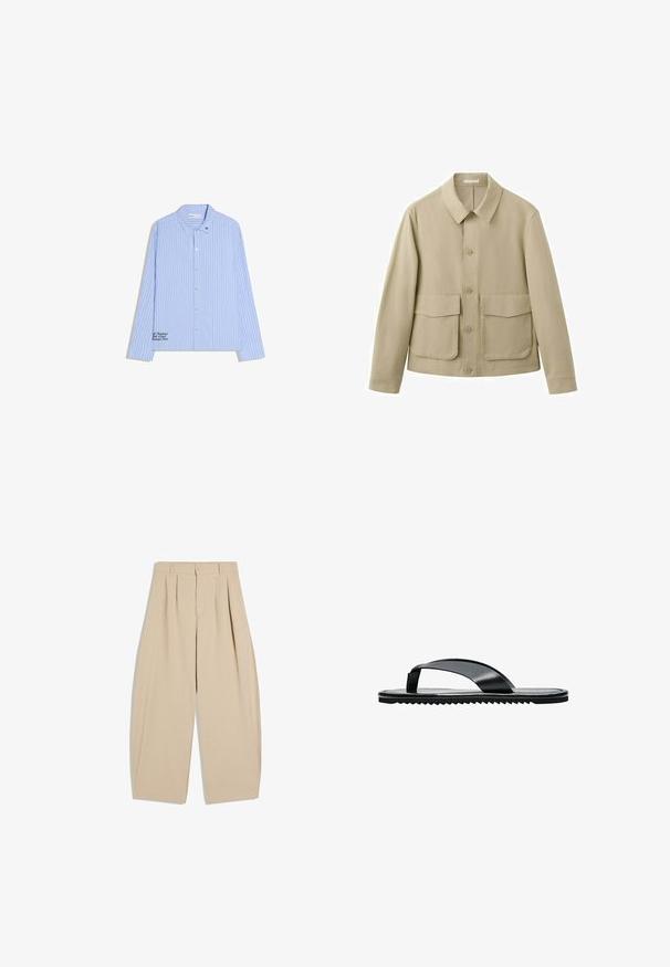 Veste beige boutonnée avec col et deux grandes poches devant à rabats, présentée sur un fond blanc.; Chemise à manches longues à rayures verticales bleu et blanc, boutonnée, avec col et petit texte noir brodé près de l'ourlet et du col.; Pantalon beige taille haute à jambes larges avec plis, passants pour ceinture, fermeture par bouton et zip avant dissimulé.; Sandale tongs plates noires avec une large bride d’orteil et une semelle texturée, vue de profil sur fond blanc.