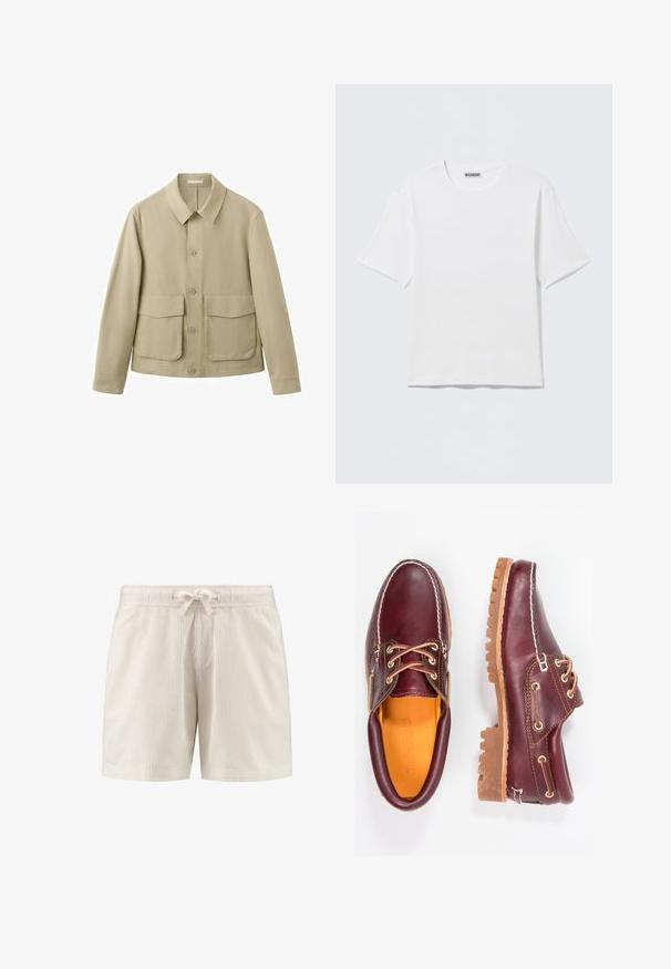 Beige, knappet jakke med krave og to store forlommer med klapper, vist på en hvid baggrund.; Hvid, kortærmet t-shirt med rund hals og et lille "WEEKDAY"-mærke på indersiden af bagkraven, vist på en flad overflade.; Beige ribstrikkede shorts med elastik i taljen og en bundet snor foran i midten.; Bordeaux lædersko med brune gummisåler, rund tå, hvid syning og gyldne snøringer. Indersiden har et gult for.