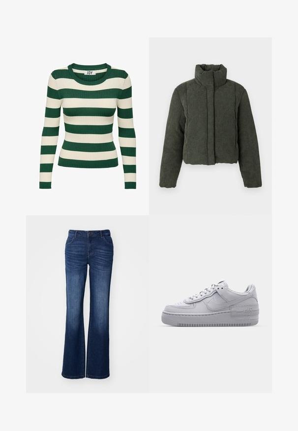 Veste en velours côtelé vert foncé rembourrée, avec col haut et manches longues, fermeture éclair devant dissimulée par un rabat en tissu.; Pull à rayures vertes et crème, à manches longues, en maille côtelée, avec un col rond et une coupe ajustée, présentant une texture de tricot contrastante.; Jeans évasés en denim bleu avec une taille mi-haute, cinq poches et une légère décoloration au niveau des cuisses. Dotés d'une fermeture à bouton et à glissière à l'avant.; Basket en cuir lisse gris Nike Air Force 1 avec un bout perforé, une semelle épaisse et un détail 'AIR' en relief sur le talon.