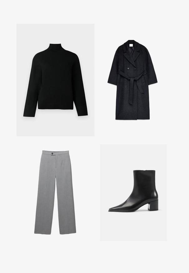 Manteau en laine croisé de couleur gris foncé, avec un col à revers, une ceinture, deux poches avant et une finition texturée.; Un pull col roulé noir en tricot doux, doté de manches longues et d'une coupe décontractée. Texture lisse sans motifs ou accents visibles.; Pantalons gris ajustés avec une coupe large, devant plat et texture subtile. Comprend une fermeture à un bouton et des lignes épurées.; Bottine en cuir noir avec un bout pointu, texture lisse et un talon bloc moyen. Design minimaliste, fermeture éclair à l'arrière.