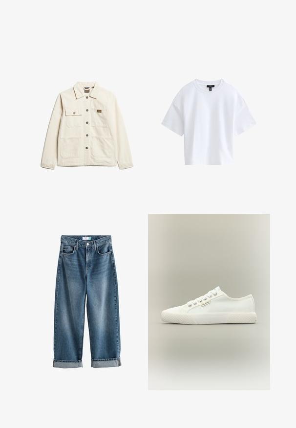 Beige bomuldsjakke med krave, frontlukning med knapper og to brystlommer, udstyret med et lille mærkelogo og en afslappet pasform.; Simpel hvid kortærmet crop top med rund halsudskæring og sort mærke indeni kraven.; Blå denim boyfriend jeans med opbuk, forreste knap- og lynlåslukning samt synlige forlommer.; Hvid lavtopet lærreds-sneaker med tekstureret gummisål, hvide snørebånd og lille Calvin Klein-mærke på siden.