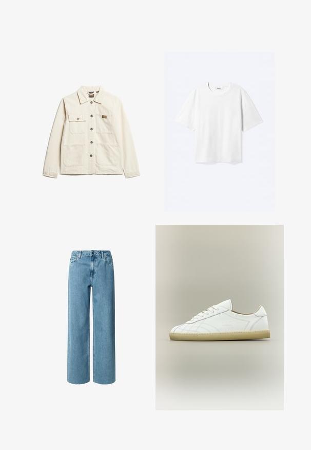 Beige katoenen jack met een kraag, sluiting met knopen aan de voorkant en twee borstzakken, met een klein merkembleem en een relaxte pasvorm.; Witte T-shirt met korte mouwen en een ronde hals met rechte zoom, met een "WEEKDAY" merklabel aan de binnenkant van de hals.; Blauwe denim wijde jeans met een hoge taille, voorzien van riemlussen, een ritssluiting en rafelige uiteinden. De stof heeft een zachte, gladde textuur.; Witte lage leren sneaker met beige zool, vetersluiting en subtiele gestikte patronen op een neutrale achtergrond.