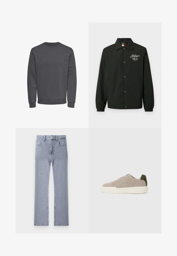 Schwarze Jacke aus leichtem Stoff, mit durchgehender Knopfleiste, hochgekrempelten Ärmeln, Seitentaschen und weißem gesticktem Text auf der Brust.; Grauer Pullover aus weichem Stoff mit Rundhalsausschnitt, langen Ärmeln sowie gerippten Bündchen und Saum für eine enge Passform. Keine Muster oder Logos.; Hellblaue Jeans mit geradem Bein, klassischem Fünf-Taschen-Design, Knopfverschluss und dezentem Ausbleichen vor weißem Hintergrund.; Beige Wildledersneaker mit einer weißen Gummisohle, die einen dunkelgrünen Akzent an der Ferse und dezente Markenaufschrift an der Seite aufweisen.