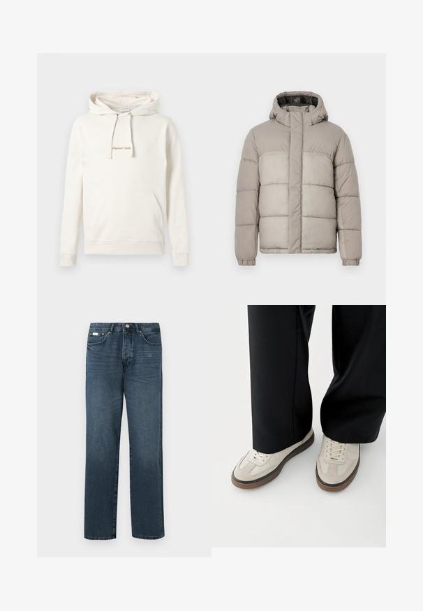 Lichte grijze pufferjack met capuchon, heeft een gestikte ontwerp, vooraan sluiting met rits en elastische manchetten, gemaakt van zachte, gestructureerde stof.; Beige hoodie gemaakt van katoen, met een kangoeroezak, een capuchon met trekkoord en geborduurde "Originals" tekst op de borst.; Donkerblauwe denim jeans met een rechte pasvorm, vijf zakken, riemlussen en een ritsgulp. Glad textuur met subtiele vervagingdetails.; Voeten met beige sneakers met bruine zolen en zwarte wijde broekspijpen op een witte achtergrond.