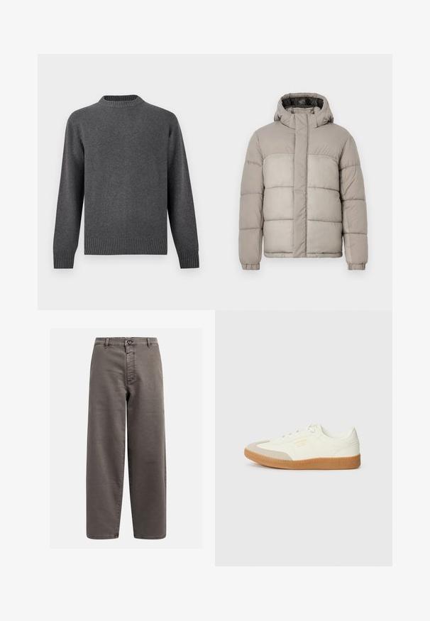Chaqueta tipo puff en gris claro con capucha, presenta un diseño acolchado, cierre frontal con cremallera y puños elásticos, fabricada en un tejido suave y texturizado.; Suéter de punto gris con cuello redondo, mangas largas y puños y dobladillo acanalados. Textura suave con un acabado liso. Diseño sencillo y moderno.; Pantalones de pierna ancha en gris, confeccionados en una mezcla de algodón; cuenta con cierre de botón, pasadores para cinturón y bolsillos frontales; textura suave y duradera.; Zapatilla de cuero blanca con puntera beige y suela de goma marrón claro. Presenta cordones planos blancos y una marca en relieve en el lateral.