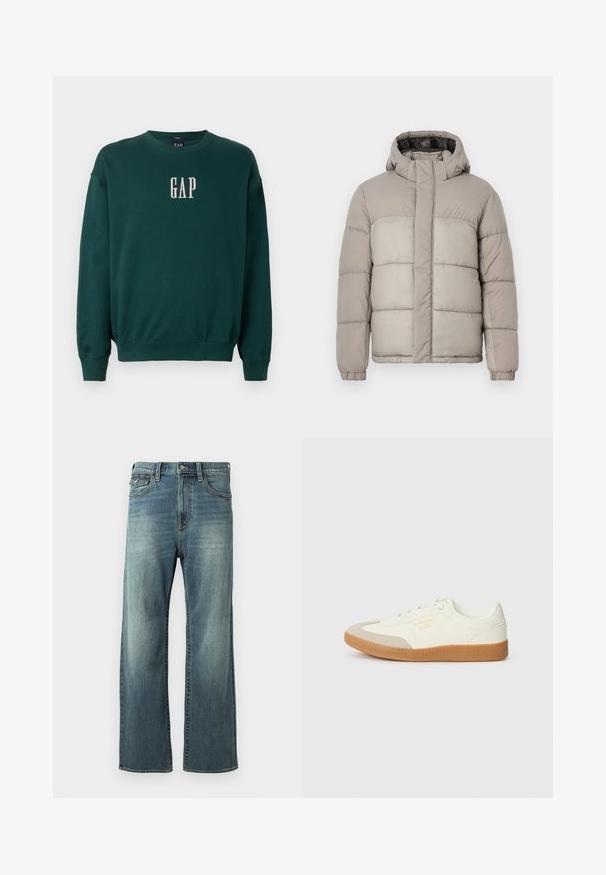 Lichte grijze pufferjack met capuchon, heeft een gestikte ontwerp, vooraan sluiting met rits en elastische manchetten, gemaakt van zachte, gestructureerde stof.; Groene sweatshirt met lange mouwen, voorzien van geribbelde manchetten en tailleband, met een witte geborduurde "GAP"-logo op de borst. Zachte stofstructuur.; Lichtblauwe denim jeans met een rechte pijp, lichte vervaging, vijf zakken en riemlussen. Kenmerkt zich door stiksels en een knoopsluiting.; Schoen gemaakt van wit leer met een beige teenkap en een lichtbruine rubberen zool. Voorzien van platte witte veters en reliëfbranding aan de zijkant.