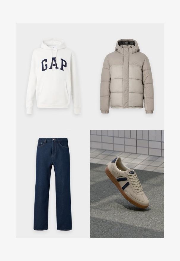 Lichte grijze pufferjack met capuchon, heeft een gestikte ontwerp, vooraan sluiting met rits en elastische manchetten, gemaakt van zachte, gestructureerde stof.; Witte hoodie met een voorzak en marineblauwe "GAP" letters over de borst, met verstelbare trekkoorden aan de capuchon.; Donkerblauwe denim jeans met een rechte snit, vijf zakken en zichtbare stiksels. Voorzien van een knoopsluiting en riemlussen.; Beige sneaker met een textuurafwerking, marineblauwe strepen en een rubberen zool. Heeft een gevoerde tong en een traditioneel vetersysteem voor een veilige pasvorm.