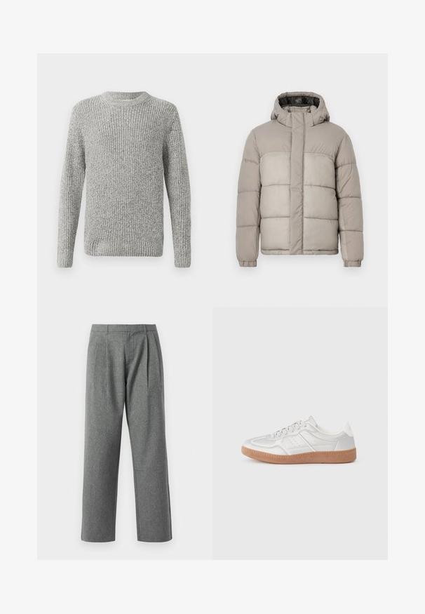 Doudoune légère gris clair avec capuche, dotée d'un design matelassé, d'une fermeture zippée à l'avant et de poignets élastiques, fabriquée en tissu doux et texturé.; Pull en tricot gris à manches longues, col rond, avec des poignets et un ourlet côtelés. La texture est épaisse et texturée, adaptée aux temps frais.; Pantalons gris à jambes droites en tissu texturé, avec des plis à l'avant et une taille basique, sans poches visibles.; Baskets argentées avec une texture lisse, un design à lacets, des accents perforés et une semelle en caoutchouc marron texturé.