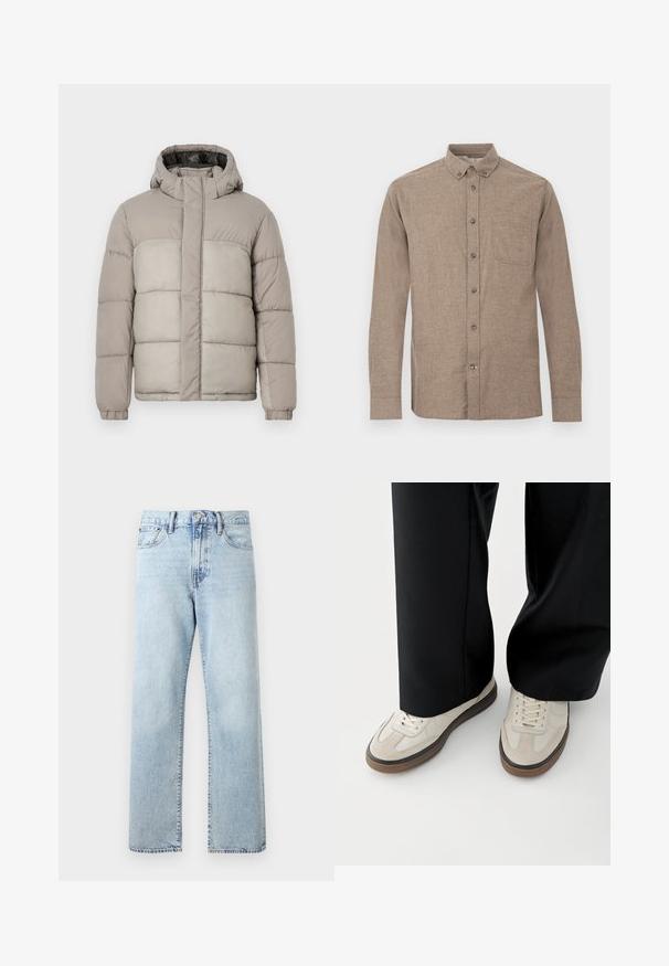 Lichte grijze pufferjack met capuchon, heeft een gestikte ontwerp, vooraan sluiting met rits en elastische manchetten, gemaakt van zachte, gestructureerde stof.; Bruine langarmige blouse van gestructureerde stof, met een knoopsluitkraag, een borstzak en vijf knopen aan de voorkant.; Lichtblauwe denim jeans met hoge taille en rechte pijpen, met voorzakken, knoopsluiting en riemlussen op een effen achtergrond.; Voeten met beige sneakers met bruine zolen en zwarte wijde broekspijpen op een witte achtergrond.