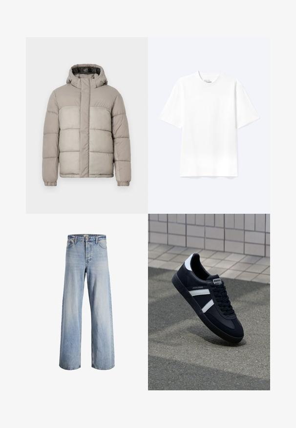 Chaqueta tipo puff en gris claro con capucha, presenta un diseño acolchado, cierre frontal con cremallera y puños elásticos, fabricada en un tejido suave y texturizado.; Camiseta lisa blanca de manga corta y cuello redondo con un corte relajado, mostrada sobre un fondo claro.; Jeans de tiro alto de pierna ancha en azul claro, con cierre frontal de botón y cremallera, cinco bolsillos y detalles desgastados en la tela.; Zapatilla de cuero negra con rayas blancas, suela de goma texturizada y parte frontal con cordones. Cuenta con una etiqueta de marca en la lengüeta.