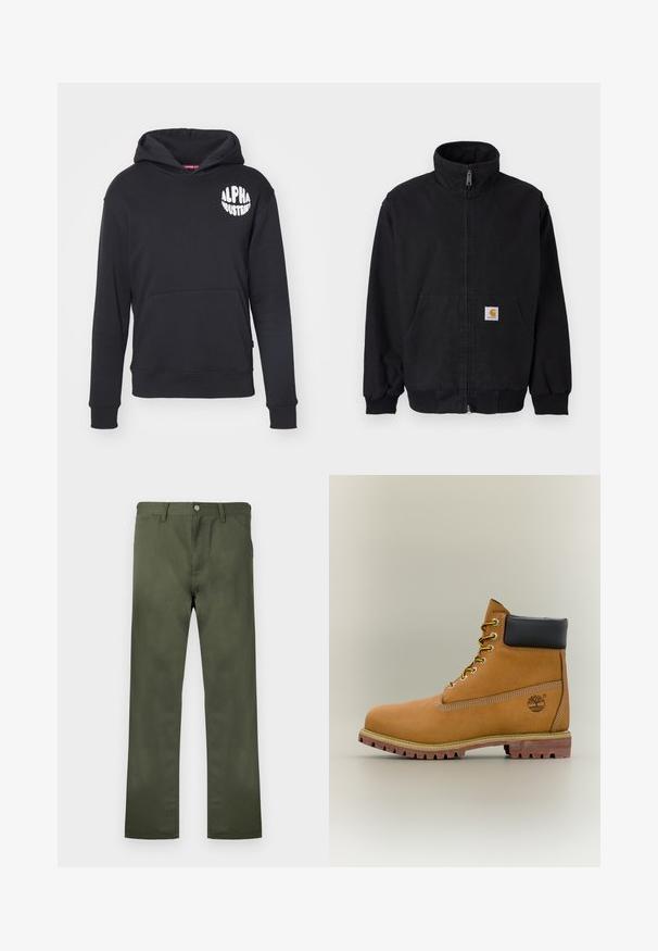 Zwarte jas met rits en hoge kraag, geribbelde manchetten en zoom, met een voorkantzak en een klein logoplaatje aan de linkerkant.; Zwarte hoodie gemaakt van een katoenmix. Beschikt over een voorzak in kangoeroestijl, een wit logo op de linkerborst en ribbelboorden en -zoom.; Olijfgroene broek gemaakt van duurzaam stof, met een rechte pijp, steekzakken aan de voorkant en een knoopsluiting. Gladde textuur.; Bruine leren enkellaars met zwarte kraag, gele veters en een zandkleurige zool. Voorzien van een logo en witte stikseldetails. Robuuste loopzool met grip.