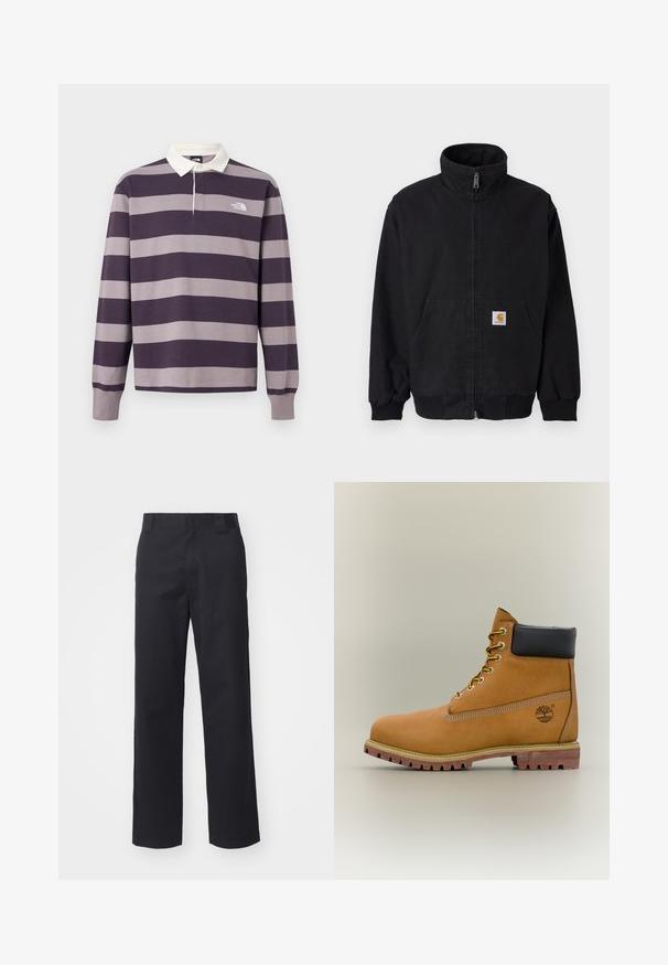 Veste noire zippée avec col montant, poignets et ourlet côtelés, dotée d'une poche avant et d'un petit patch logo sur le côté gauche.; Maillot de rugby à manches longues avec larges rayures horizontales violet foncé et gris, col blanc et logo The North Face sur la poitrine.; Pantalons droits noirs en tissu en mélange de coton. Présentent une taille plate avec passants de ceinture et sans matériel ou embellissements visibles.; Bottine en cuir marron avec col noir, lacets jaunes et semelle beige. Présente un logo et des détails de couture blanche. Semelle extérieure à traction robuste.