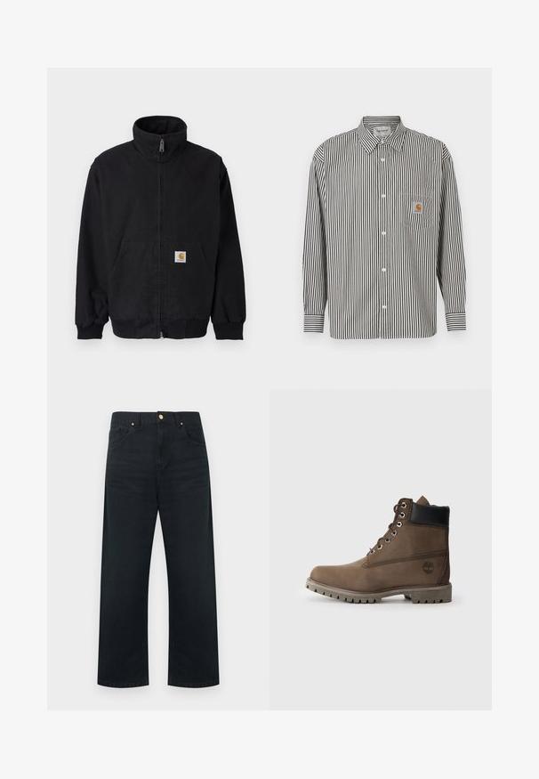 Sort lynlåsjakke med høj krave, ribstrikkede manchetter og kant, med en forlomme og et lille logo på venstre side.; Sorte og hvide vertikale striber langærmet skjorte med button-down krave. Har en brystlomme med en beige logo-plet.; Sorte vidde bukser i denim med fem-lomme design, guldfarvede detaljer og en ren finish på linningen og kanten.; Brune læder ankelstøvle med sort krave, metaløjer og slidstærk grå sål. Har logo på siden og syet detaljer.