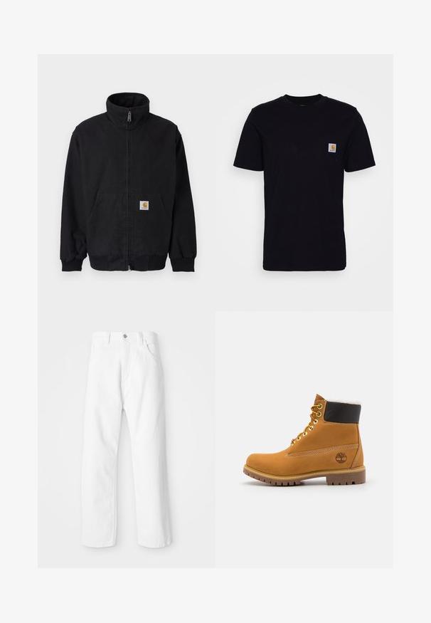 Schwarze Jacke mit Reißverschluss, hohem Kragen, gerippten Bündchen und Saum, mit einer Fronttasche und einem kleinen Logo-Patch auf der linken Seite.; Schwarzes Baumwoll-T-Shirt mit kurzen Ärmeln, rundem Hals und einer Brusttasche, die mit einem kleinen, quadratischen Logo-Patch versehen ist. Einfaches, einfarbiges Design.; Weiße Denim-Hosen mit geradem Bein, ausgestattet mit einem Frontknopf und einem Reißverschluss, fünf Taschen und einem sauberen, strukturierten Finish.; Braune Leder-Ankle-Boots mit Metallösen, weißem Kunstfellfutter, schwarzem gepolstertem Kragen, robustem Sohlenprofil und geprägtem Logo an der Seite.