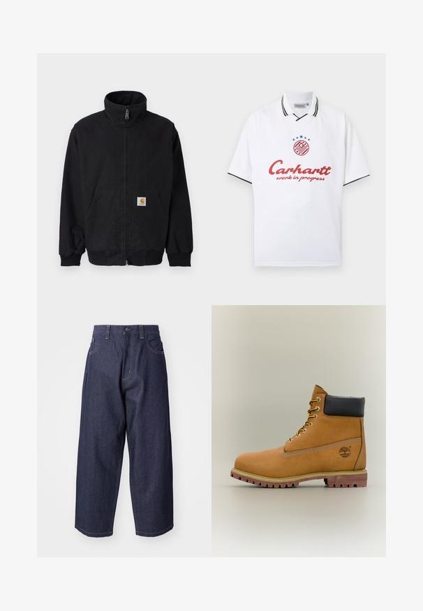 Zwarte jas met rits en hoge kraag, geribbelde manchetten en zoom, met een voorkantzak en een klein logoplaatje aan de linkerkant.; Witte polo met korte mouwen, zwart randje aan de kraag en mouwen, rode tekst 'Carhartt work in progress' en een ronde logo met blauwe sterren erboven.; Donkerblauwe denim jeans met een losse, wijde pasvorm. Kenmerken zijn een knoopsluiting, steekzakken aan de voorkant en zichtbare stiksels.; Bruine leren enkellaars met zwarte kraag, gele veters en een zandkleurige zool. Voorzien van een logo en witte stikseldetails. Robuuste loopzool met grip.