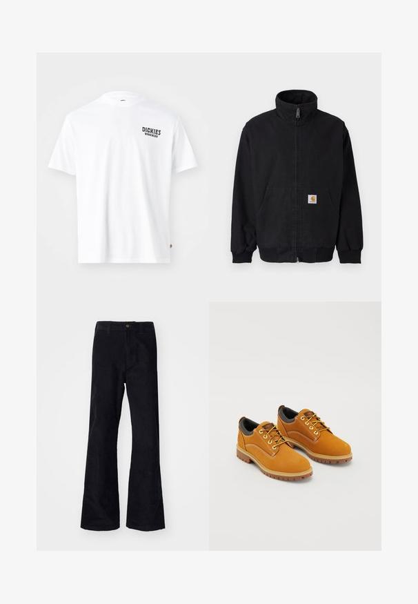 Sort lynlåsjakke med høj krave, ribstrikkede manchetter og kant, med en forlomme og et lille logo på venstre side.; Hvid bomulds t-shirt med rund hals, korte ærmer og et lille sort "Dickies Workwear" logo på venstre bryst. Glat tekstur, standard pasform.; Sorte, bomuldsforlængede bukser med en traditionel linning, enkelt forreste knap og lommer på siderne og bagpå. Glat tekstur.; Brune ruskindssko med rund tå, gule snørebånd, en polstret sort krave og gummisåler med skridsikre riller.