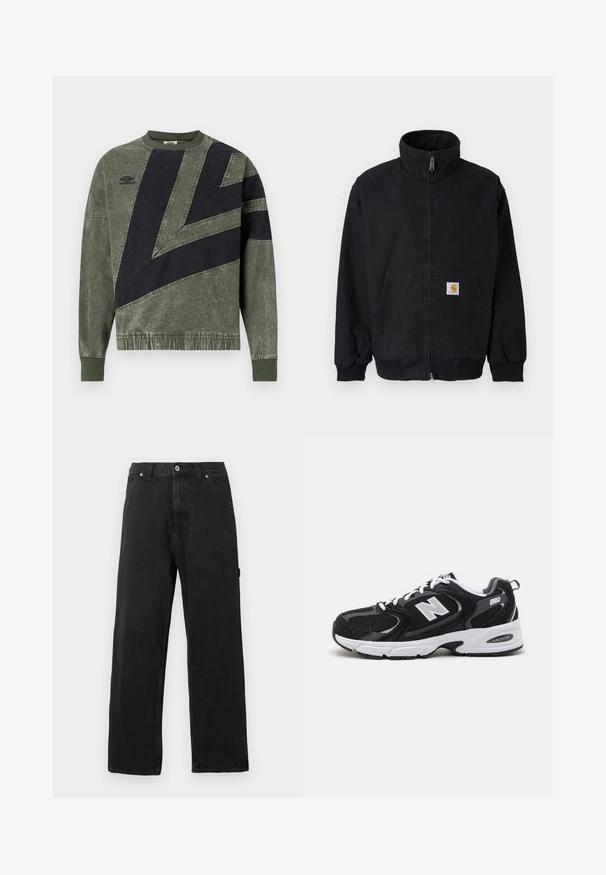Sort lynlåsjakke med høj krave, ribstrikkede manchetter og kant, med en forlomme og et lille logo på venstre side.; Langærmet sweatshirt i grøn og sort farveblok med ribbede manchetter og krave, med Umbro-logo på venstre bryst.; Sorte jeans med lige ben, forlommer, bæltestropper, knaplukning og synligt søm på ensfarvet baggrund.; Sorte og grå sportssko med mesh og ruskind på overdelen, der har en hvid mellemsål, snørebånd og et iøjnefaldende "N" logo på siden.