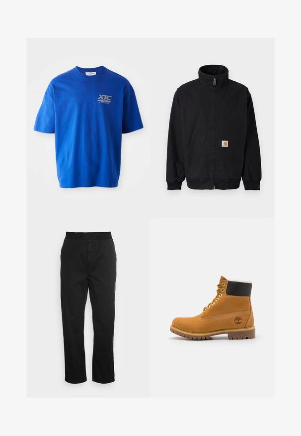 Chaqueta negra con cremallera, cuello alto, puños y dobladillo acanalados, con un bolsillo frontal y un pequeño parche con logo en el lado izquierdo.; Camiseta de algodón azul con mangas cortas, con un logo gris en la parte superior izquierda del pecho, escote redondo y un corte relajado.; Pantalones de algodón negros con cintura elástica, piernas rectas y bolsillos laterales. Textura suave sin patrones ni acentos.; Botín de cuero marrón con ojales de metal, forro de piel sintética blanca, cuello acolchado negro, suela resistente y logotipo en relieve en el costado.