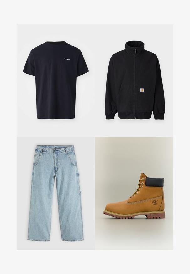Zwarte jas met rits en hoge kraag, geribbelde manchetten en zoom, met een voorkantzak en een klein logoplaatje aan de linkerkant.; Zwarte katoenen T-shirt met korte mouwen, ronde hals en een subtiele witte logo op de linkerkant van de borst. Gladde textuur, reguliere pasvorm.; Lichtblauwe rechte spijkerbroek met voorzakken, riemlussen, knoopsluiting en een zijdelus voor gereedschap.; Bruine leren enkellaars met zwarte kraag, gele veters en een zandkleurige zool. Voorzien van een logo en witte stikseldetails. Robuuste loopzool met grip.