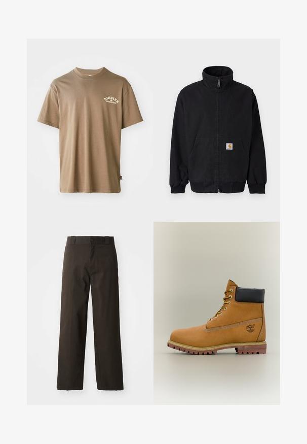 Chaqueta negra con cremallera, cuello alto, puños y dobladillo acanalados, con un bolsillo frontal y un pequeño parche con logo en el lado izquierdo.; Camiseta de algodón marrón con cuello redondo, mangas cortas y un logo blanco que dice "Dickies Workwear" en el lado izquierdo del pecho.; Pantalones de algodón negros con un diseño de pierna recta, que cuentan con un cierre de botón y una cinturilla clásica. Textura suave, sin patrones ni acentos.; Bota de tobillo de cuero marrón con cuello negro, cordones amarillos y suela beige. Presenta un logotipo y detalles de costura blanca. Suela exterior con tracción robusta.