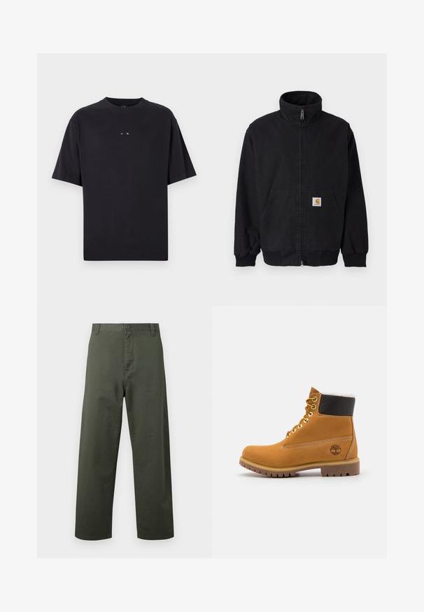 Zwarte jas met rits en hoge kraag, geribbelde manchetten en zoom, met een voorkantzak en een klein logoplaatje aan de linkerkant.; Oakley RISE TEE - T-shirt basic - blackout; Groene katoenen broek met een recht gesneden ontwerp, knoopsluiting aan de voorkant en zijzakken. Soepele textuur, eenvoudige stijl en geen zichtbare patronen.; Bruine leren enkellaars met metalen oogjes, witte faux bont voering, zwarte gewatteerde kraag, robuuste zool en een reliëflogo aan de zijkant.